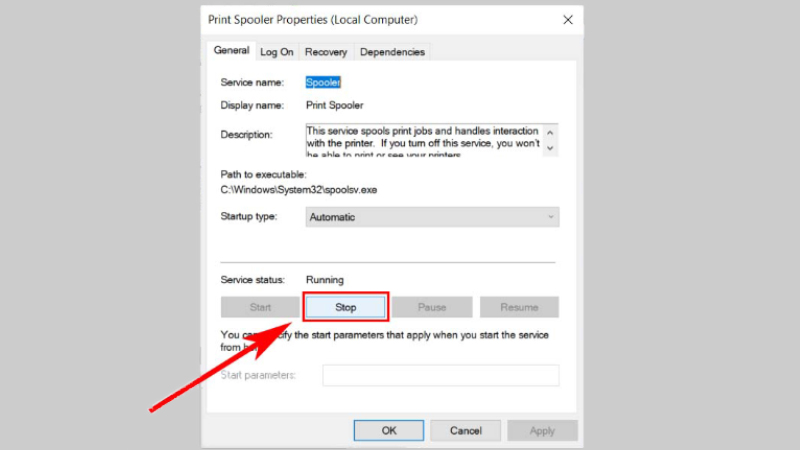 Thao t&aacute;c dừng ở mục Service status